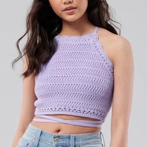 Hollister Crop High-Neck Purple Crochet Sweater Tank Size Medium